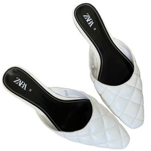 Zara White Quilted Flat Mules Sz 7